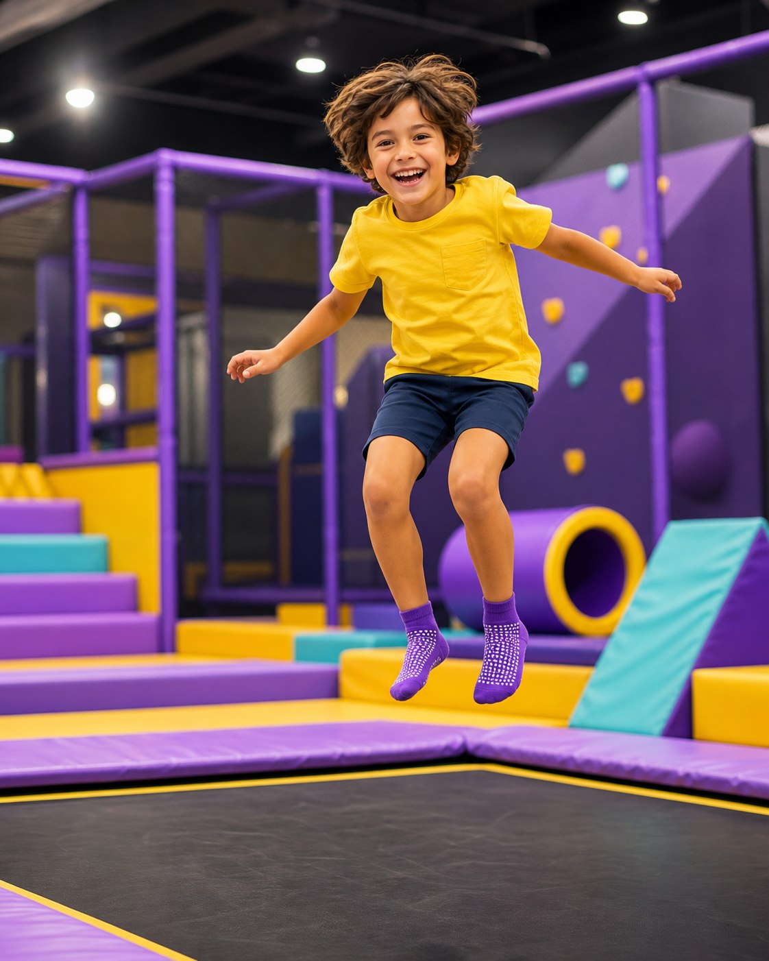 A smiling child bouncing in an indoor trampoline play area